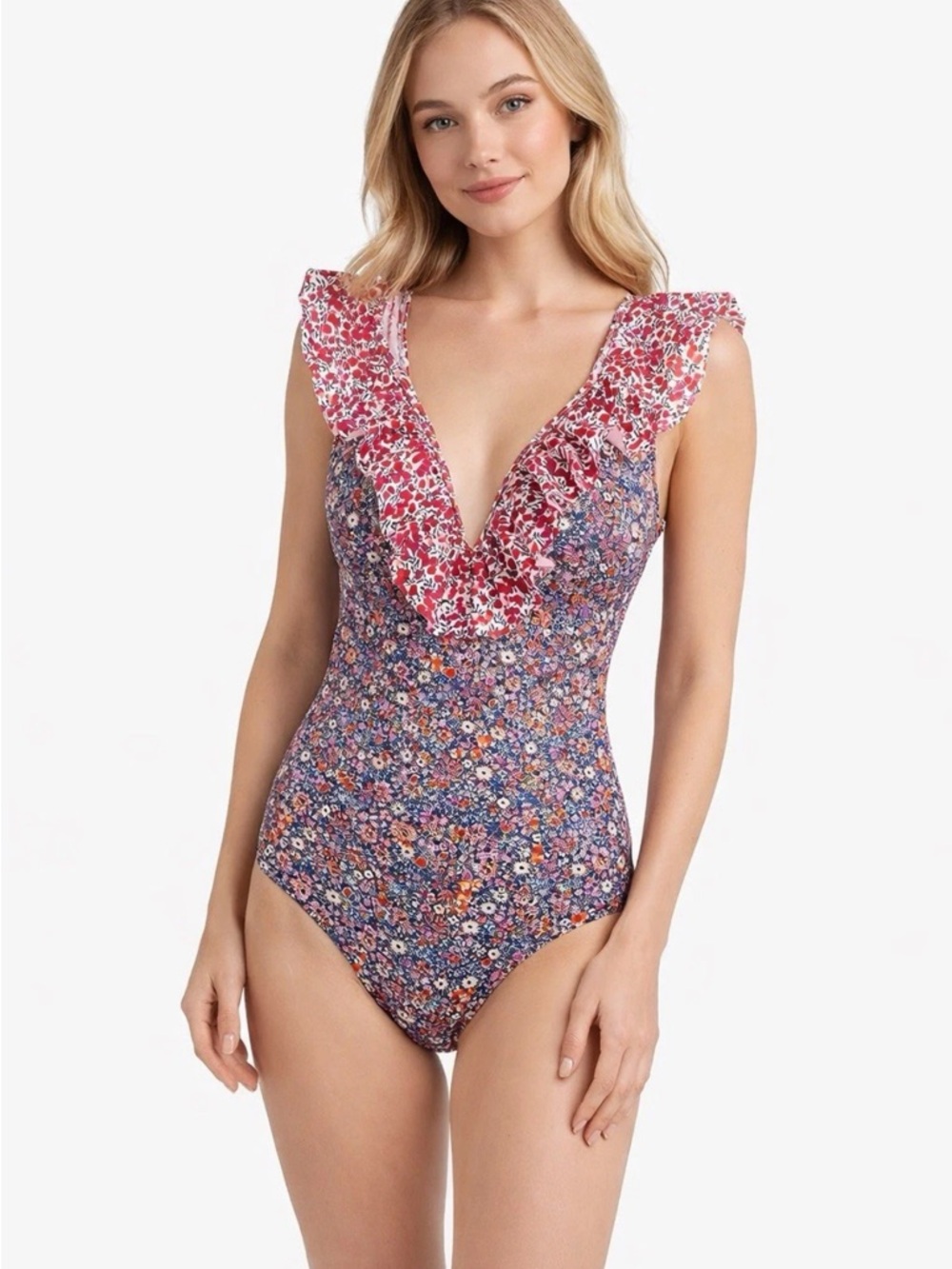J. Crew Ruffle Deep V One-Piece Swimsuit Bathing Suit - Liberty Multi floral